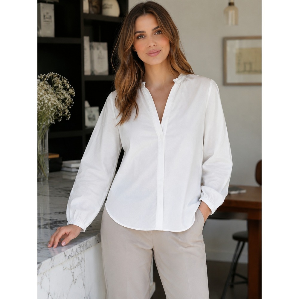 Vince Braid Trim Band Collar Blouse Button Top Deep V-Neck XL Minimalist Office - Picture 1 of 15